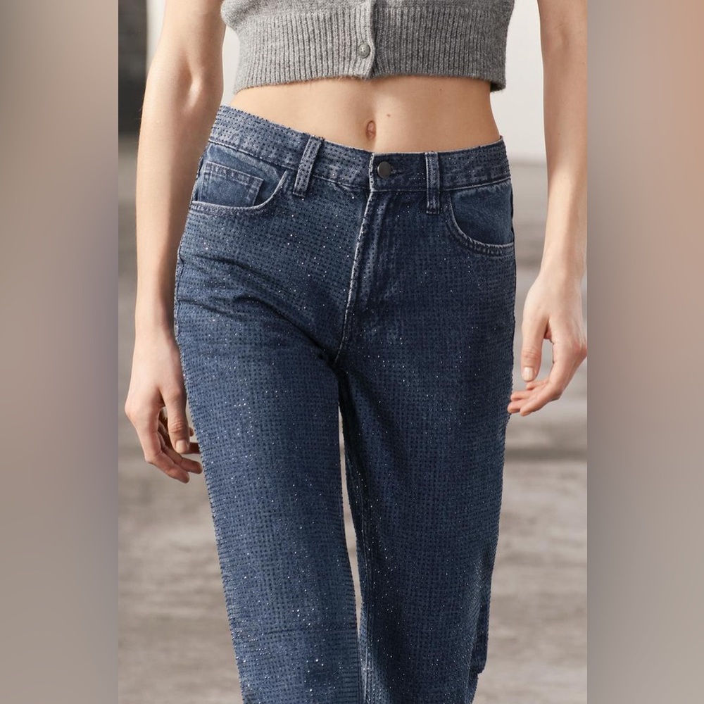 ZARA ZW COLLECTION RHINESTONE HIGH WAIST BOOTCUT STRAIGHT LEG JEANS SIZE 4 NEW
